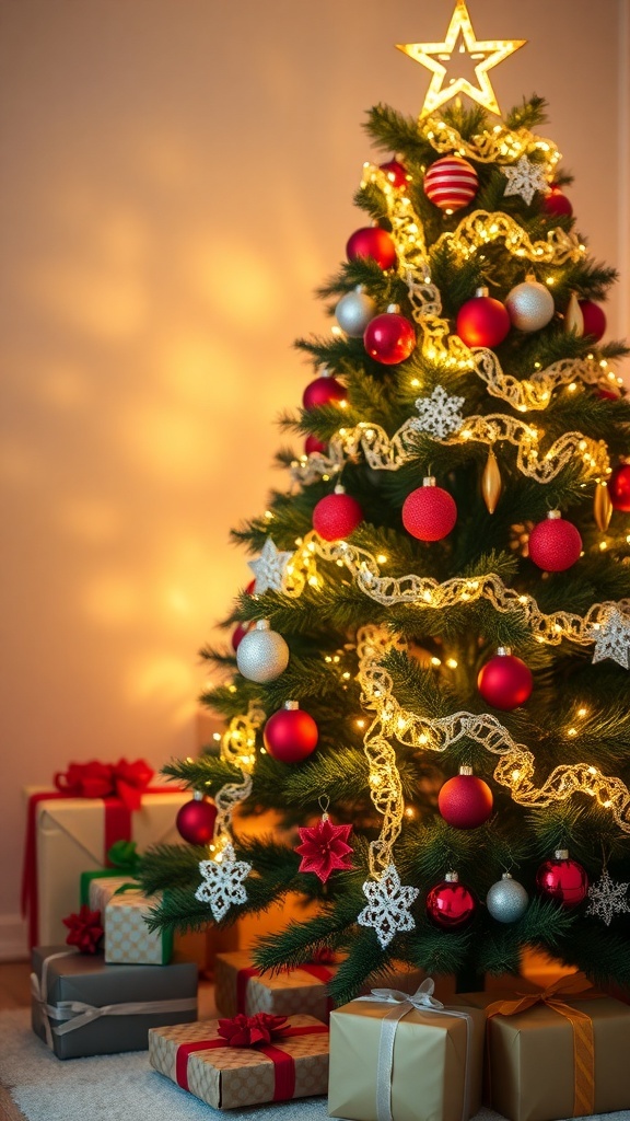 A festive Christmas tree adorned with lights and ornaments, surrounded by presents.